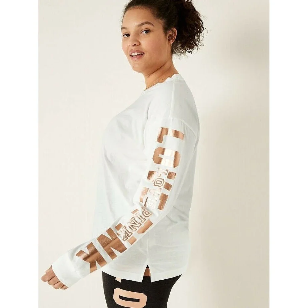 VS VICTORIAS SECRET PINK SHINE CAMPUS LONG SLEEVE TEE TOP ROSE GOLD SHINE XXL - Picture 4 of 7